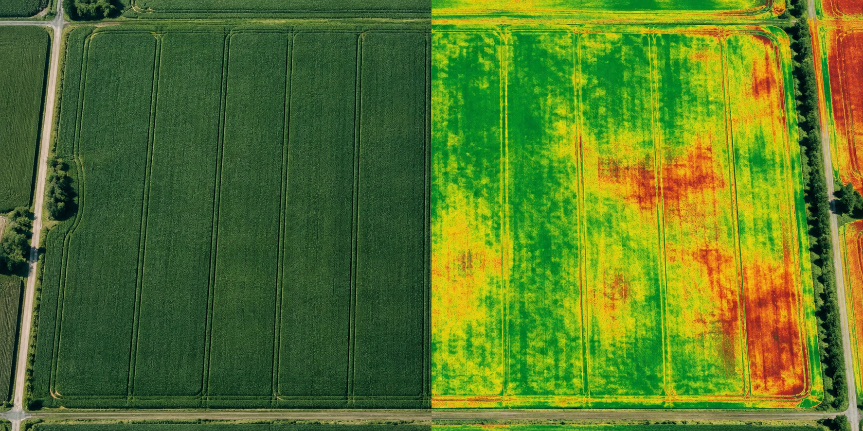 Comparación aérea de un lote en imagen natural y visualización multiespectral
